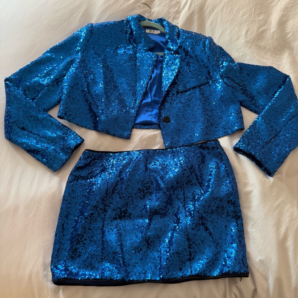 Blue Sequin Skirt Set